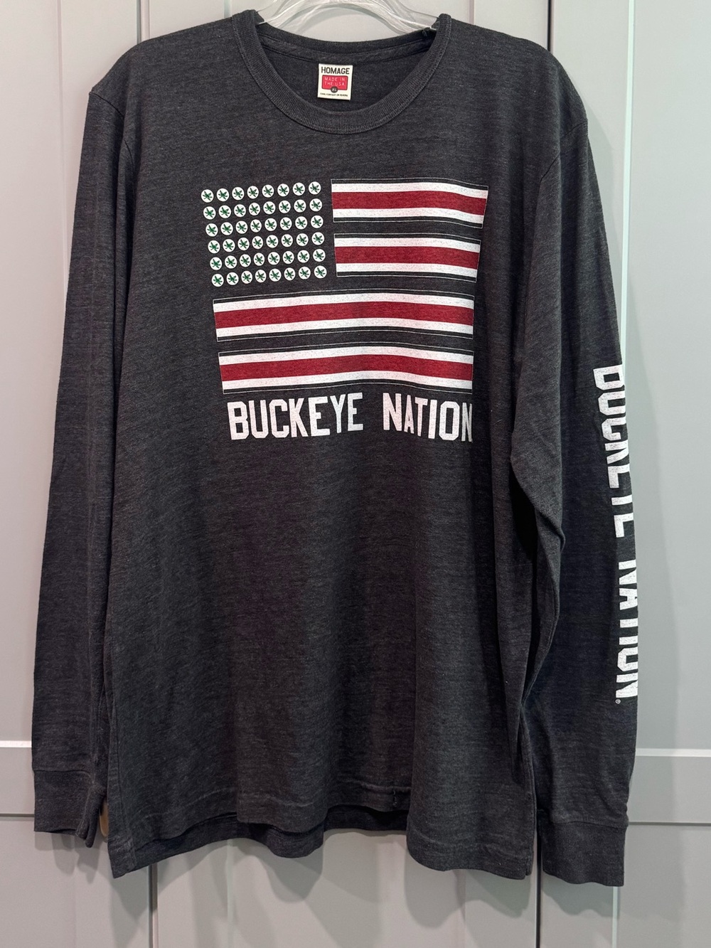 HOMAGE Charcoal Gray Buckeye Nation Long Sleeve Tee with Flag Graphic